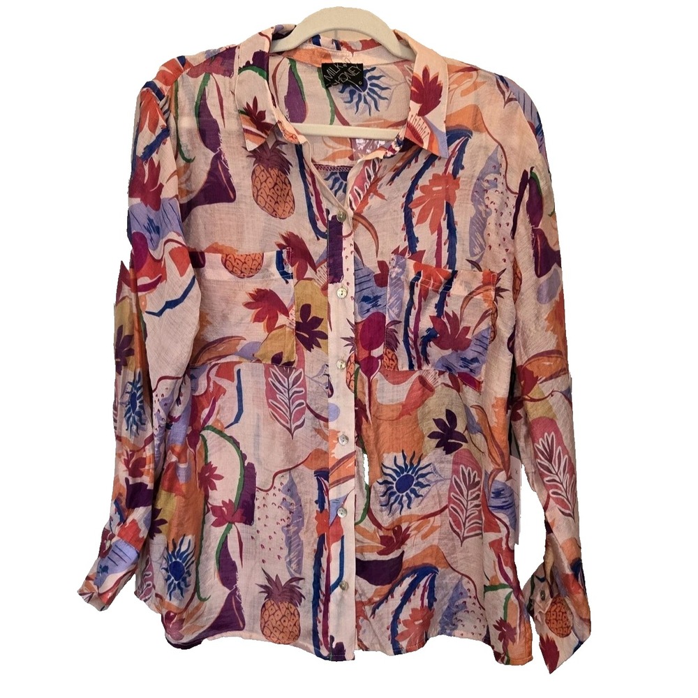 Milk & Honey Women's Button Up Long Sleeve Blouse Pineapple Tropical Large‎